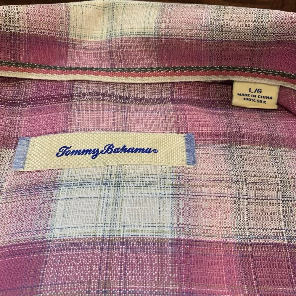 Tommy Bahama 100% Silk Mens Plaid Button-Front Shirt Pink/Cream w/Brown Buttons